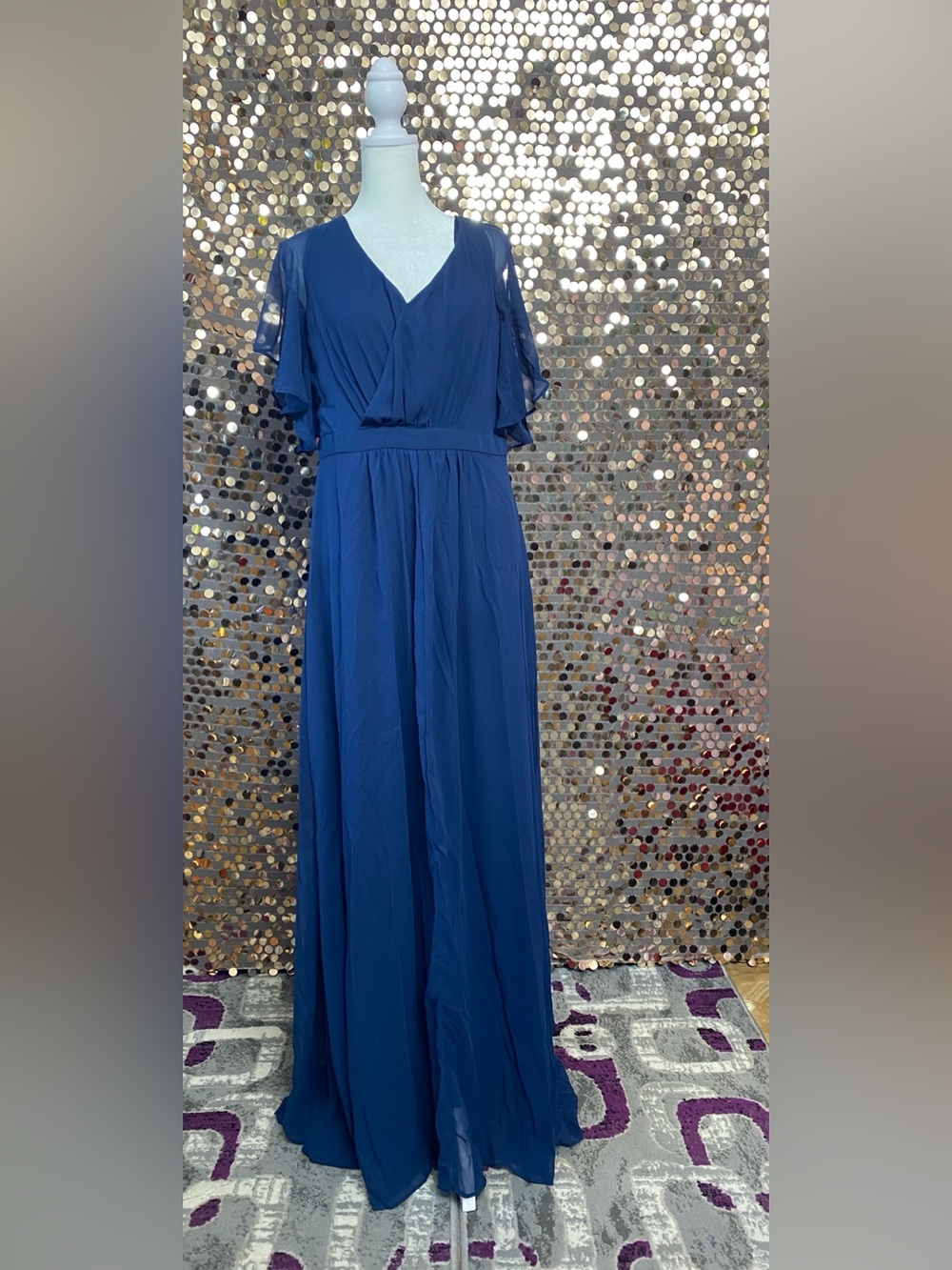 Elegant Navy Blue V-Neck Maxi Dress Size Large #1524